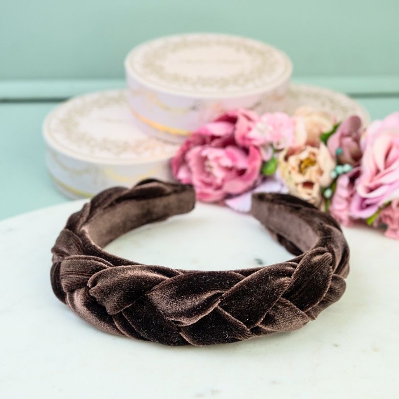 Schmaler geflochtener Samt-Haarreif in Dunkelbraun