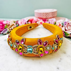 Stoff-Haarreif in Senfgelb mit Soutache-Applikationen in Gelb, Pink und Blau