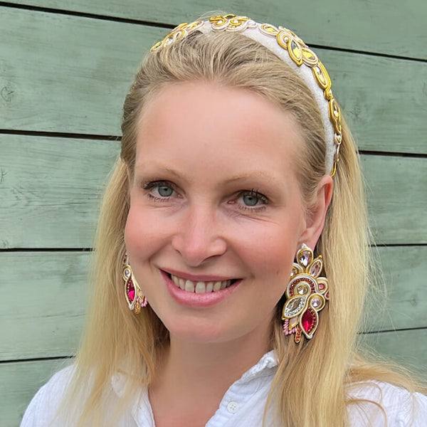 Große Soutache-Ohrringe in Rosa und Champagner