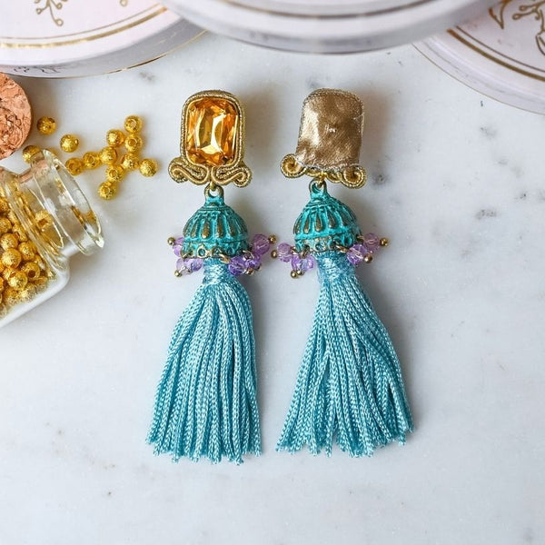 Vorbestellbar - Elegante Soutache-Quastenohrringe in Türkis, Gelb und Violett