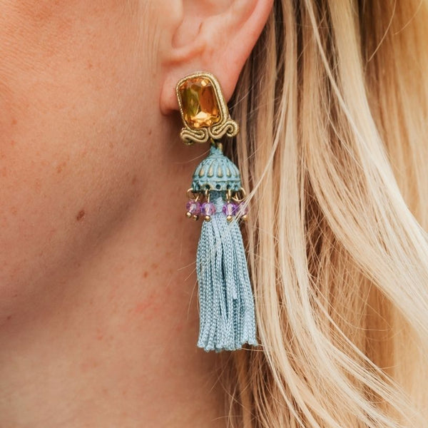 Vorbestellbar - Elegante Soutache-Quastenohrringe in Türkis, Gelb und Violett