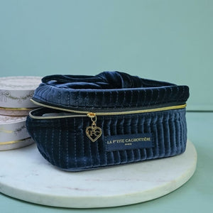 Samt-Kosmetiktasche mit Schleife in Dunkelblau