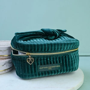 Samt-Kosmetiktasche mit Schleife in Dunkelgrün