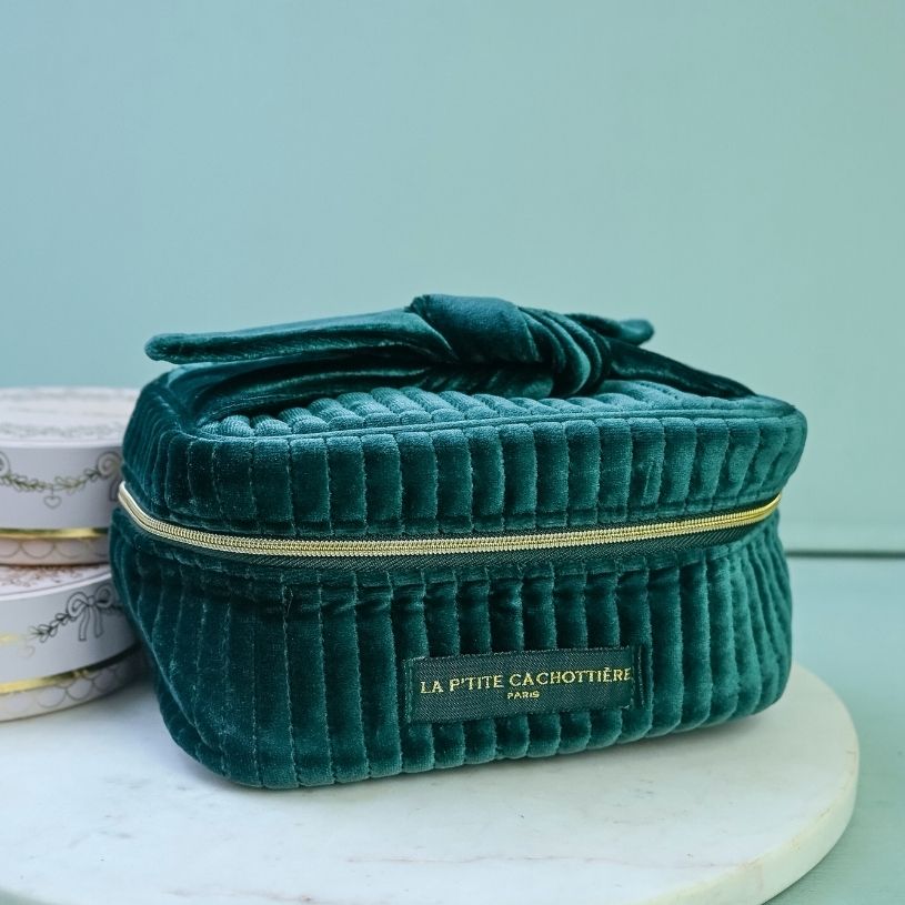Samt-Kosmetiktasche mit Schleife in Dunkelgrün