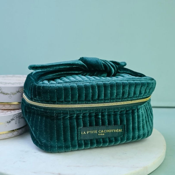 Samt-Kosmetiktasche mit Schleife in Dunkelgrün