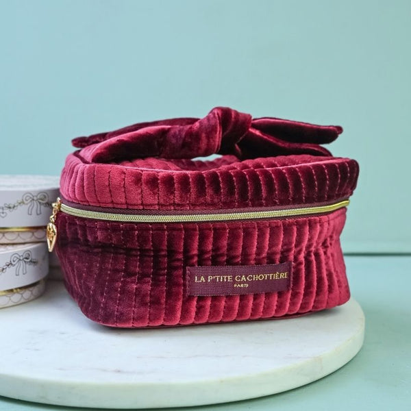 Samt-Kosmetiktasche mit Schleife in Dunkelrot