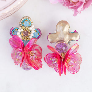 Stylische SoutacheOhrringe mit Blüten in Blau, Pink und Gold