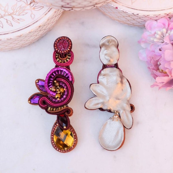 Stilvolle Soutache-Ohrringe in Pink, Violett und Braun