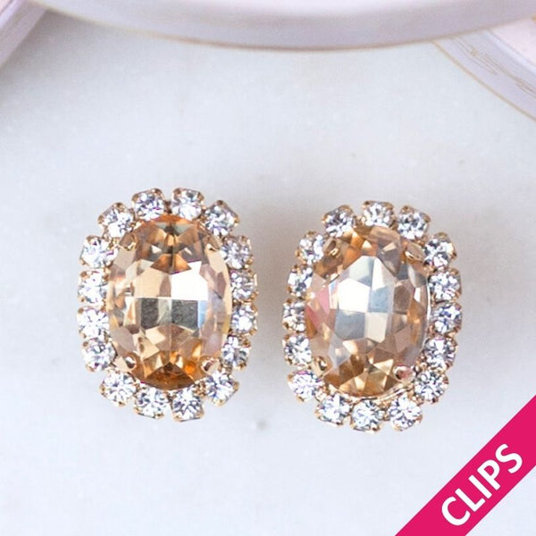 Ovale Ohrclips aus Glas-Kristallen in Champagner