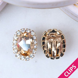Ovale Ohrclips aus Glas-Kristallen in Champagner