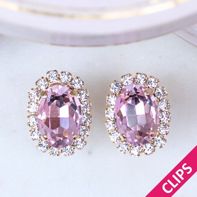 Ovale Ohrclips aus Glas-Kristallen in Rosa