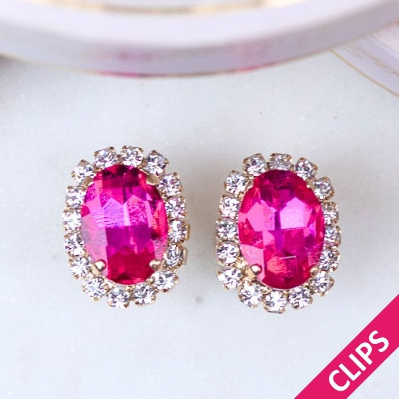 Ovale Ohrclips aus Glas-Kristallen in Pink