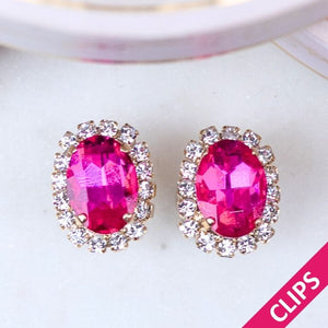 Ovale Ohrclips aus Glas-Kristallen in Pink