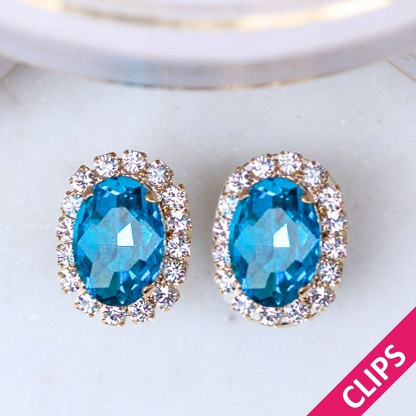 Ovale Ohrclips aus Glas-Kristallen in Blau