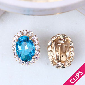 Ovale Ohrclips aus Glas-Kristallen in Blau