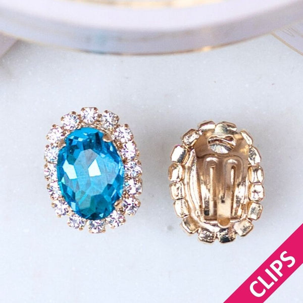 Ovale Ohrclips aus Glas-Kristallen in Blau