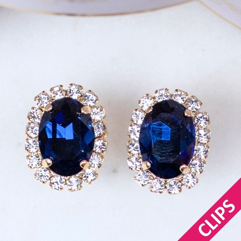 Ovale Ohrclips aus Glas-Kristallen in Dunkelblau