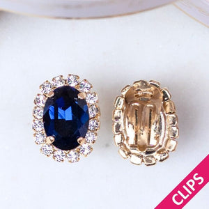 Ovale Ohrclips aus Glas-Kristallen in Dunkelblau