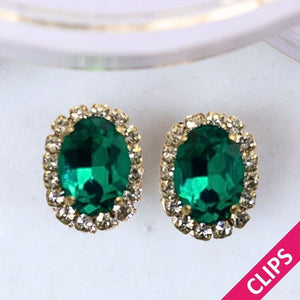 Ovale Ohrclips aus Glas-Kristallen in Dunkelgrün