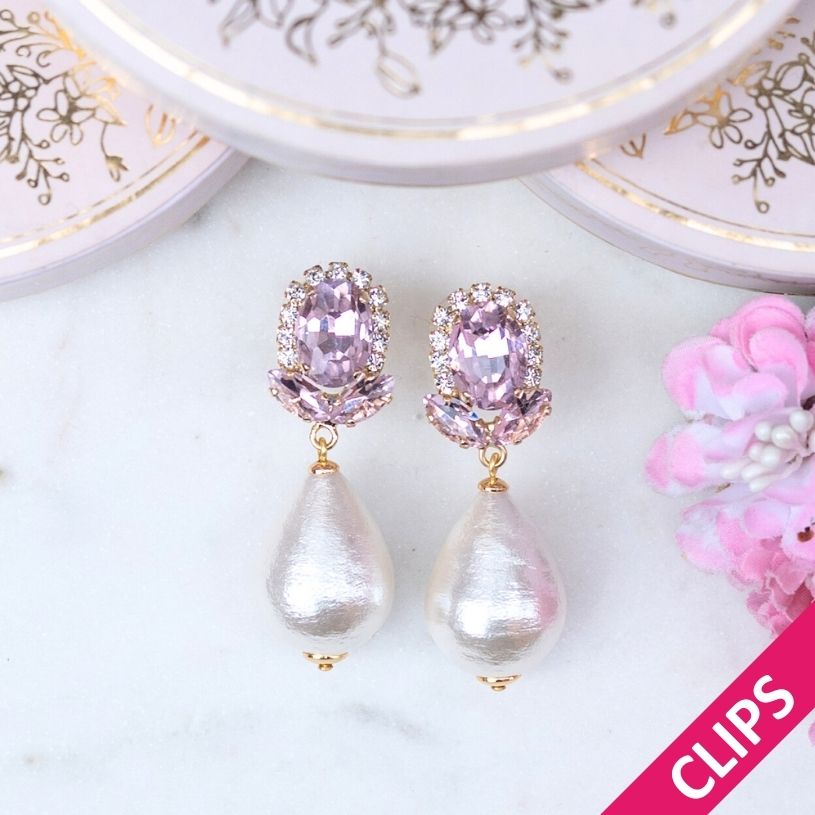 Rosafarbene Glas-Kristall-Ohrclips mit Baumwolltropfen