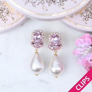 Rosafarbene Glas-Kristall-Ohrclips mit Baumwolltropfen