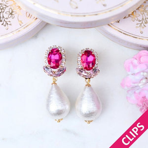 Pink-Rosafarbene Glas-Kristall-Ohrclips mit Baumwolltropfen