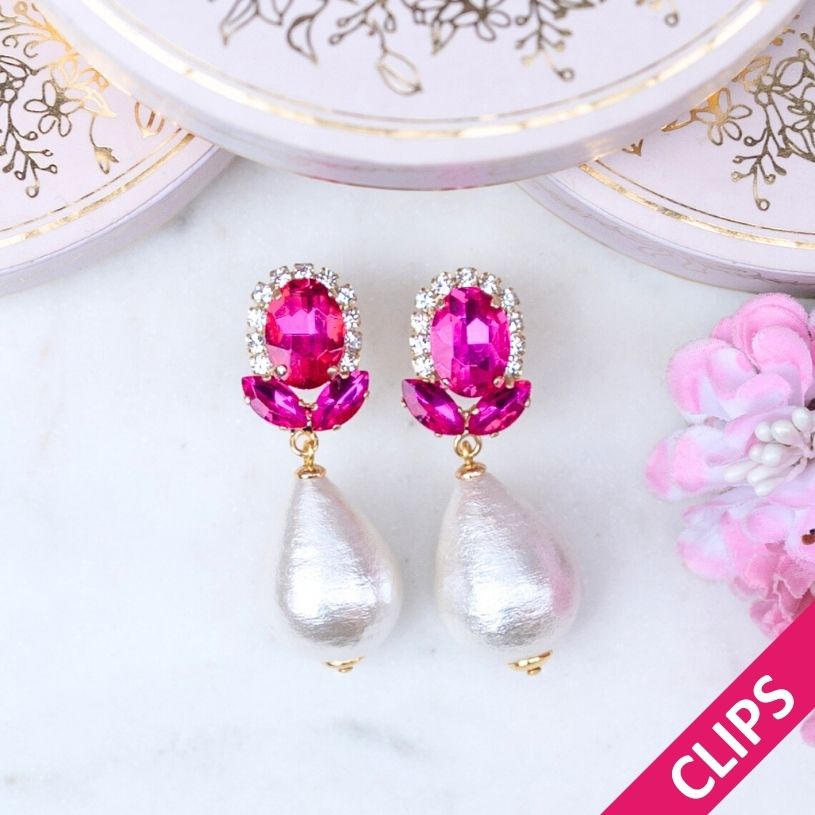 Pinke Glas-Kristall-Ohrclips mit Baumwolltropfen