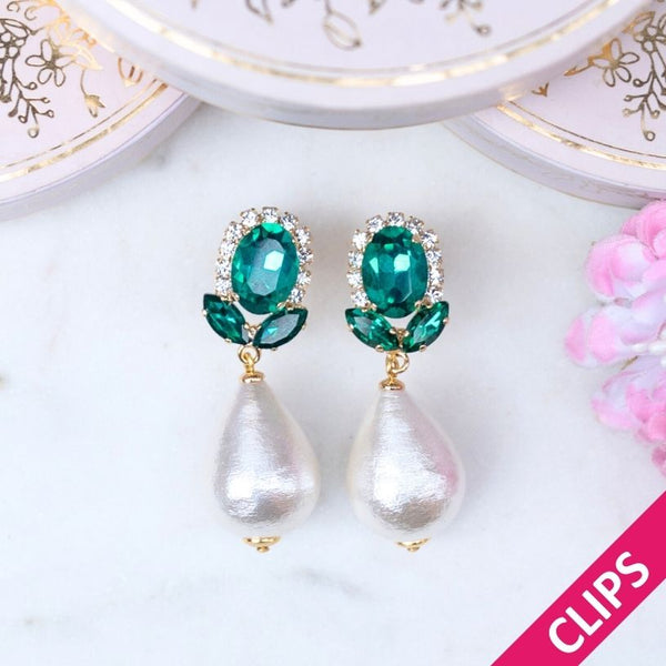 Dunkelgrüne Glas-Kristall-Ohrclips mit Baumwolltropfen