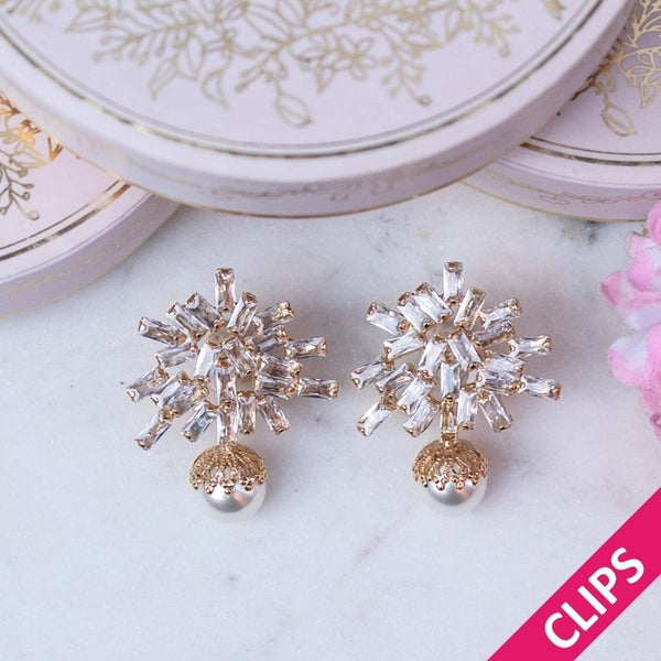 Große funkelnde Glas-Kristall-Ohrclips mit Perle