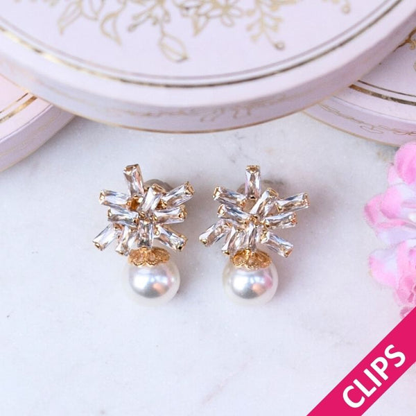 Kleine funkelnde Glas-Kristall-Ohrclips mit Perle