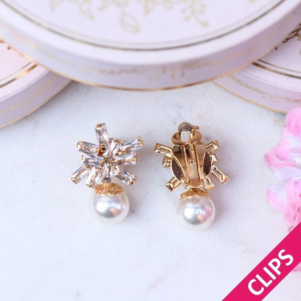 Kleine funkelnde Glas-Kristall-Ohrclips mit Perle