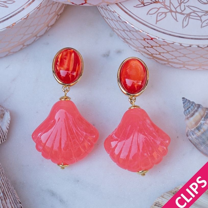Sommerliche Muschel-Ohrclips in Orange und Grapefruitpink
