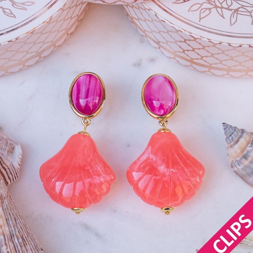 Sommerliche Muschel-Ohrclips in Pink und Grapefruitpink