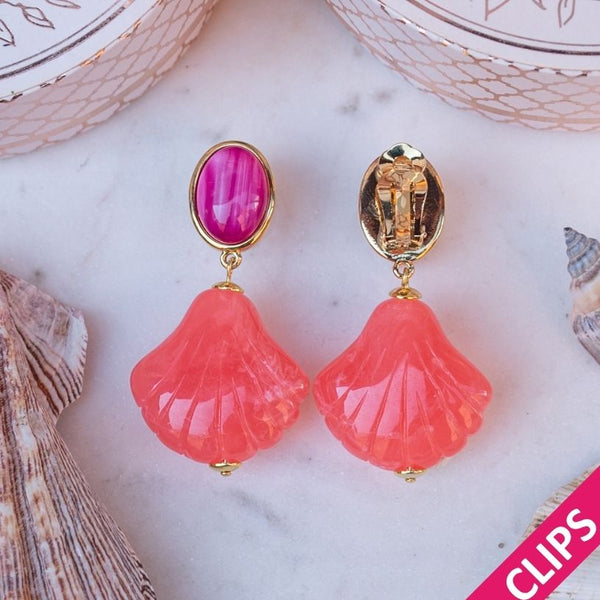 Sommerliche Muschel-Ohrclips in Pink und Grapefruitpink