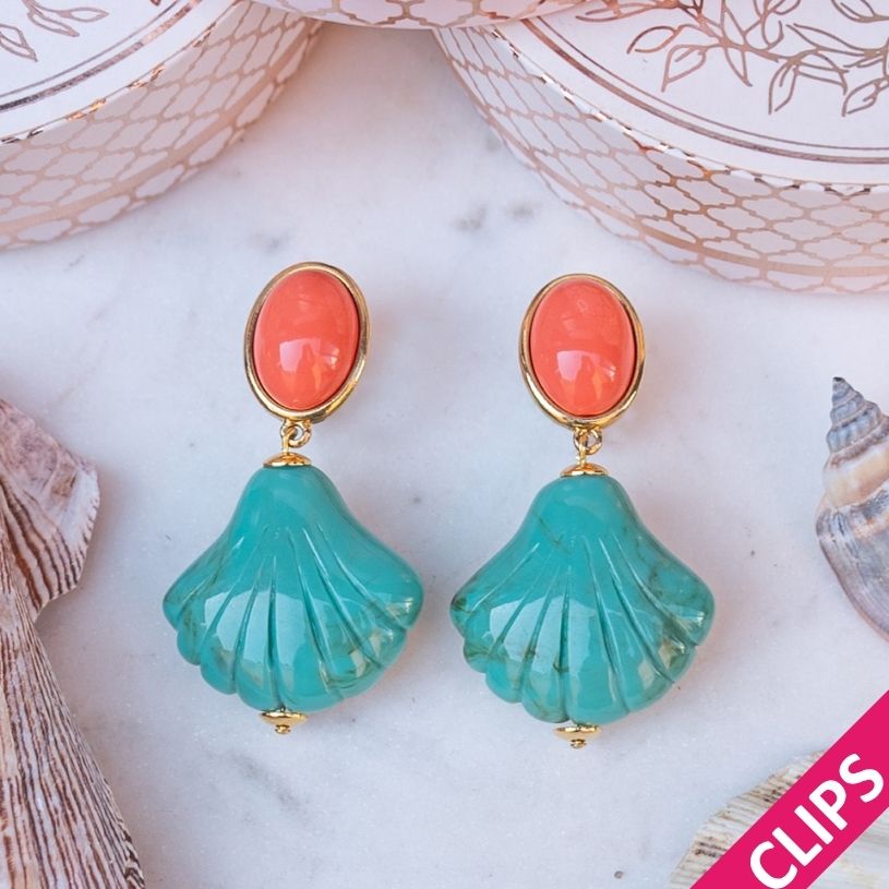 Sommerliche Muschel-Ohrclips in Korallorange und Türkis