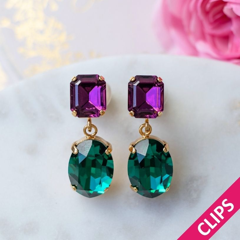 Funkelnde Ohrclips mit Glas-Kristallen in Violett und Dunkelgrün