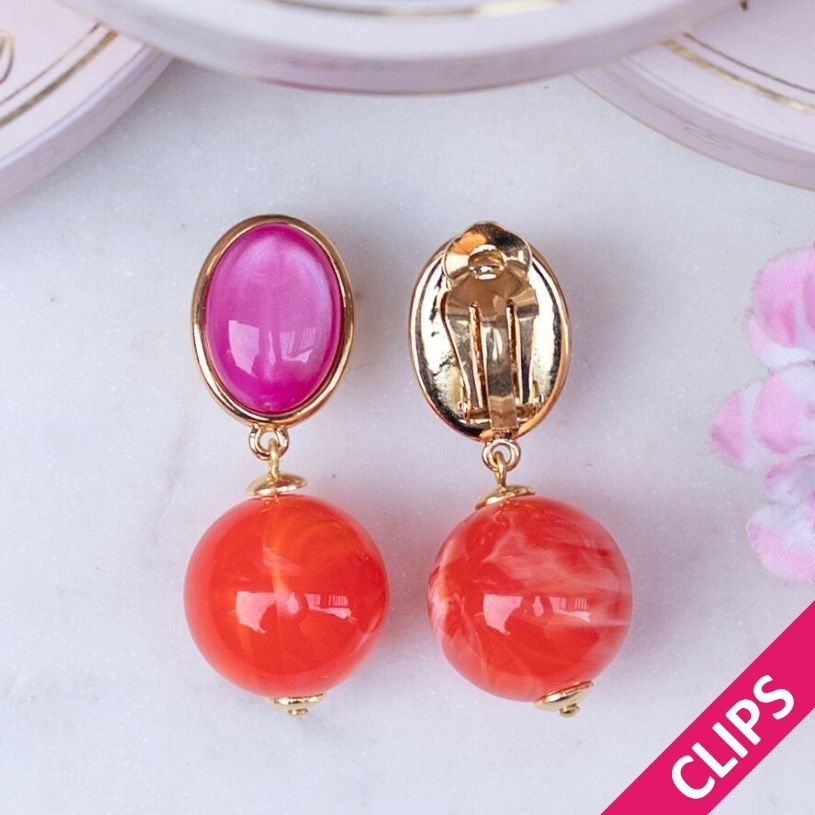 Stilvolle Kugel-Ohrclips in Pink und Orange