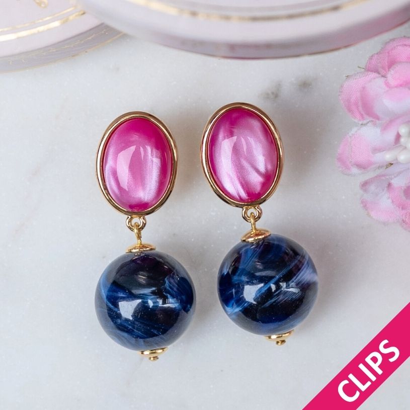 Stilvolle Kugel-Ohrclips in Pink und Dunkelblau