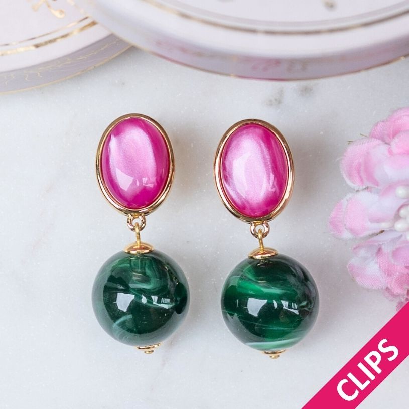 Stilvolle Kugel-Ohrclips in Pink und Dunkelgrün