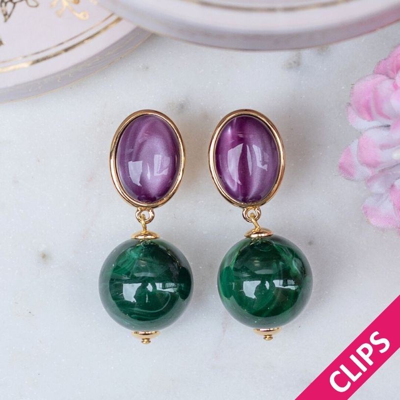 Stilvolle Kugel-Ohrclips in Violett und Dunkelgrün