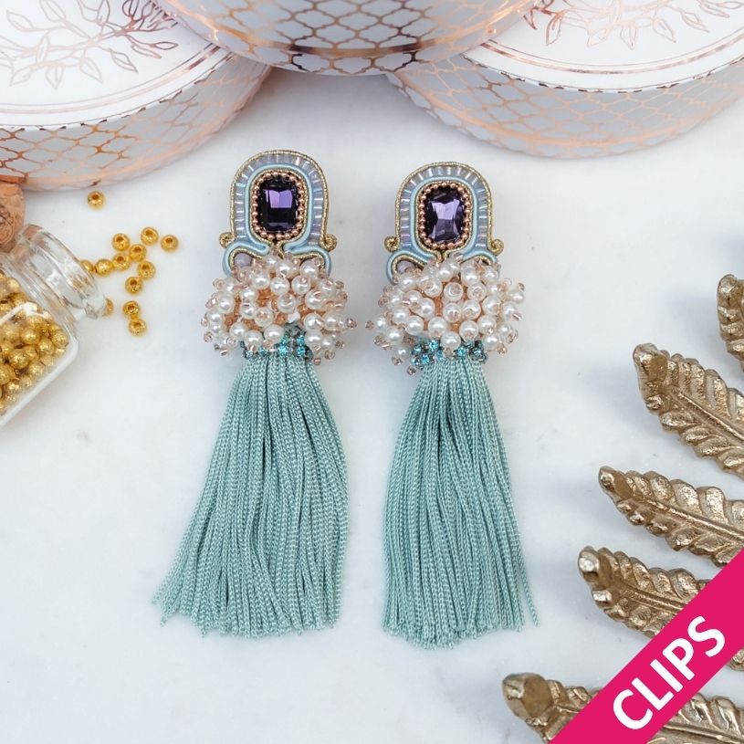 Auffällige Soutache-Quastenohrclips in Mintgrün und Violett