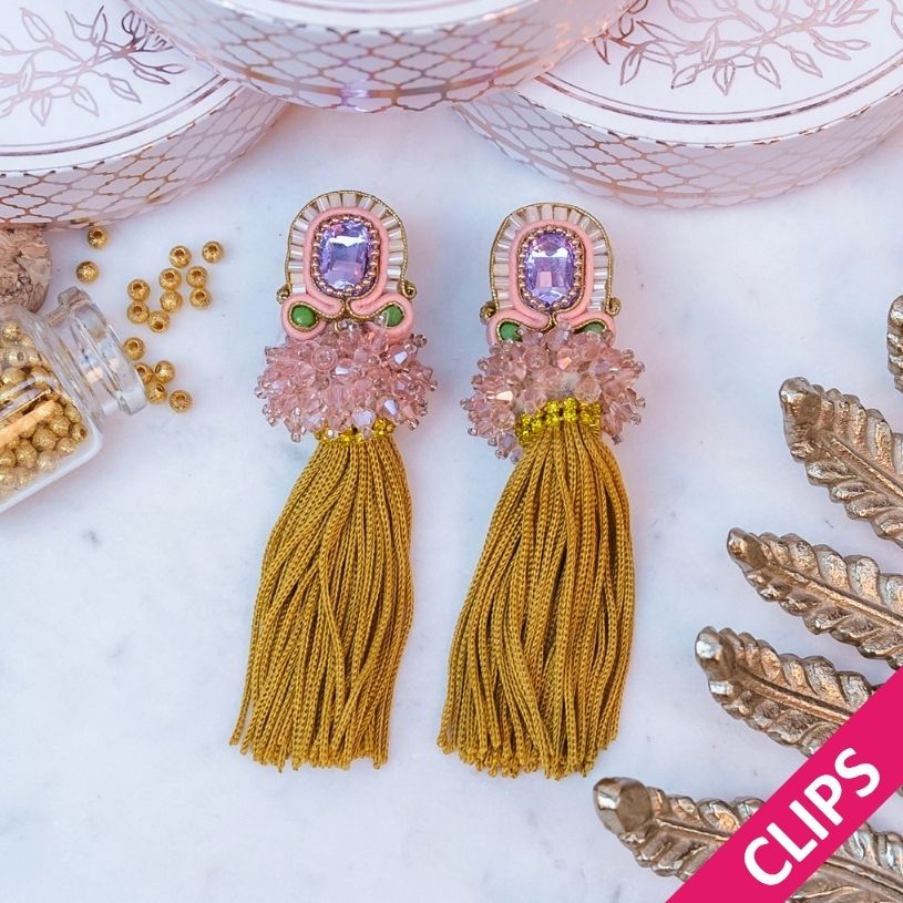 Auffällige Soutache-Quastenohrclips in Rosa, Flieder und Senfgelb