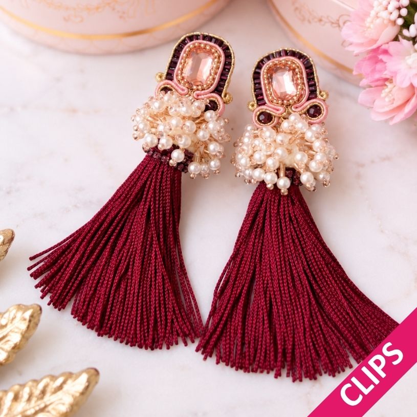 Auffällige Soutache-Quastenohrclips in Violett, Rosa und Rot