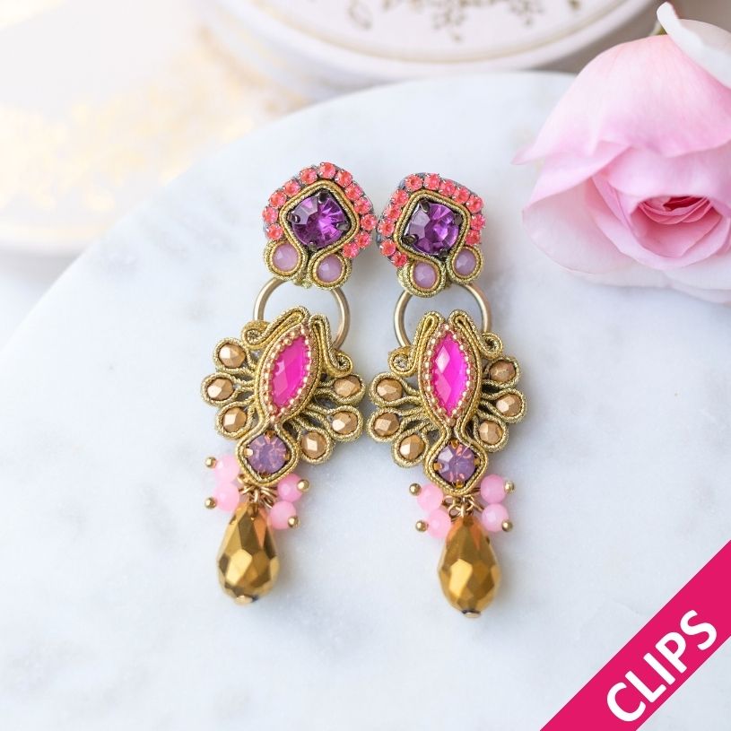 Wunderschöne Soutache-Ohrclips in Gold mit Pink und Violett