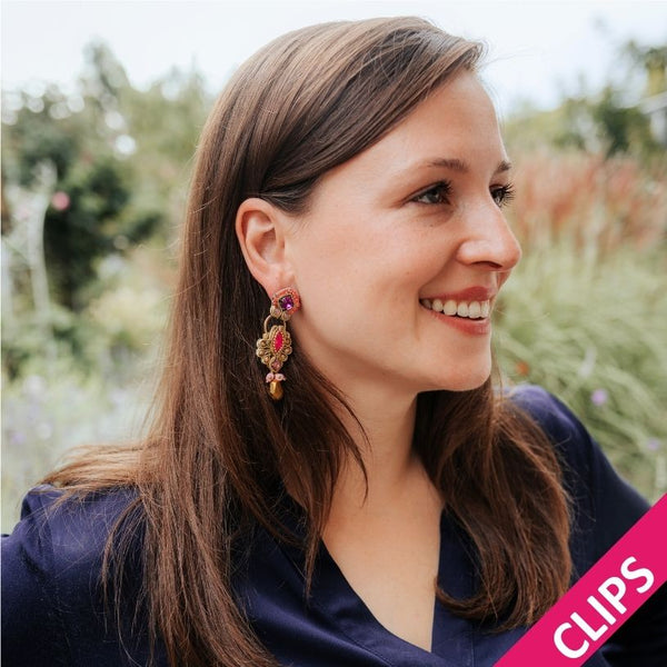 Wunderschöne Soutache-Ohrclips in Gold mit Pink und Violett