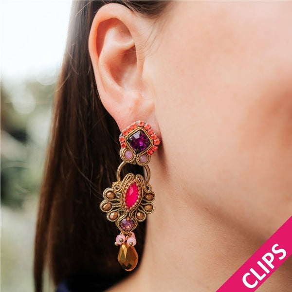 Wunderschöne Soutache-Ohrclips in Gold mit Pink und Violett