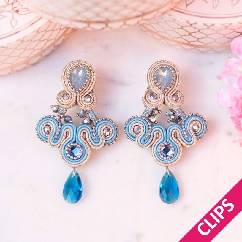 Modische Soutache-Ohrclips in Blau und Silber