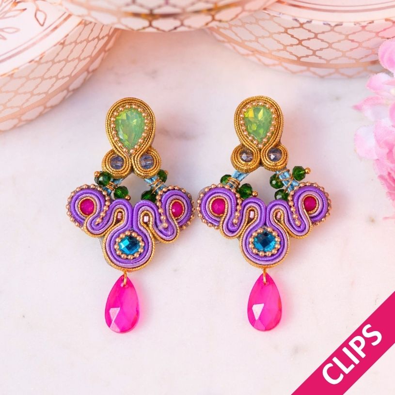 Modische Soutache-Ohrclips in Violett, Pink und Grün
