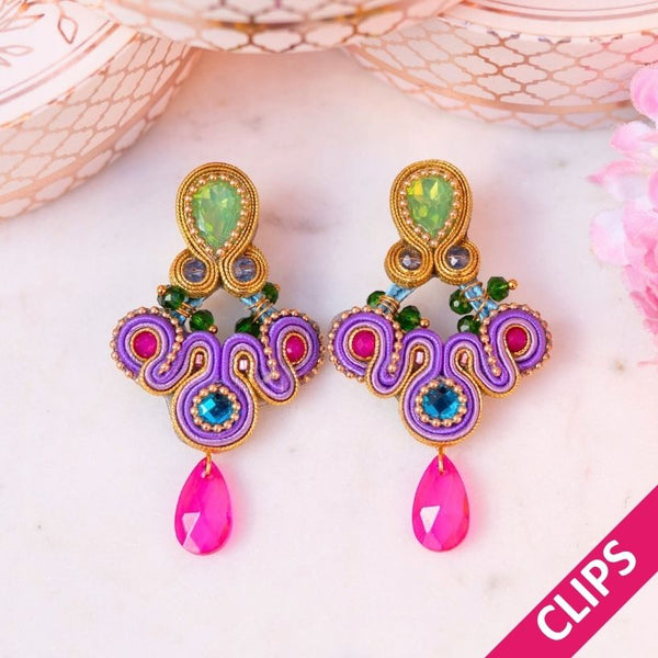 Modische Soutache-Ohrclips in Violett, Pink und Grün