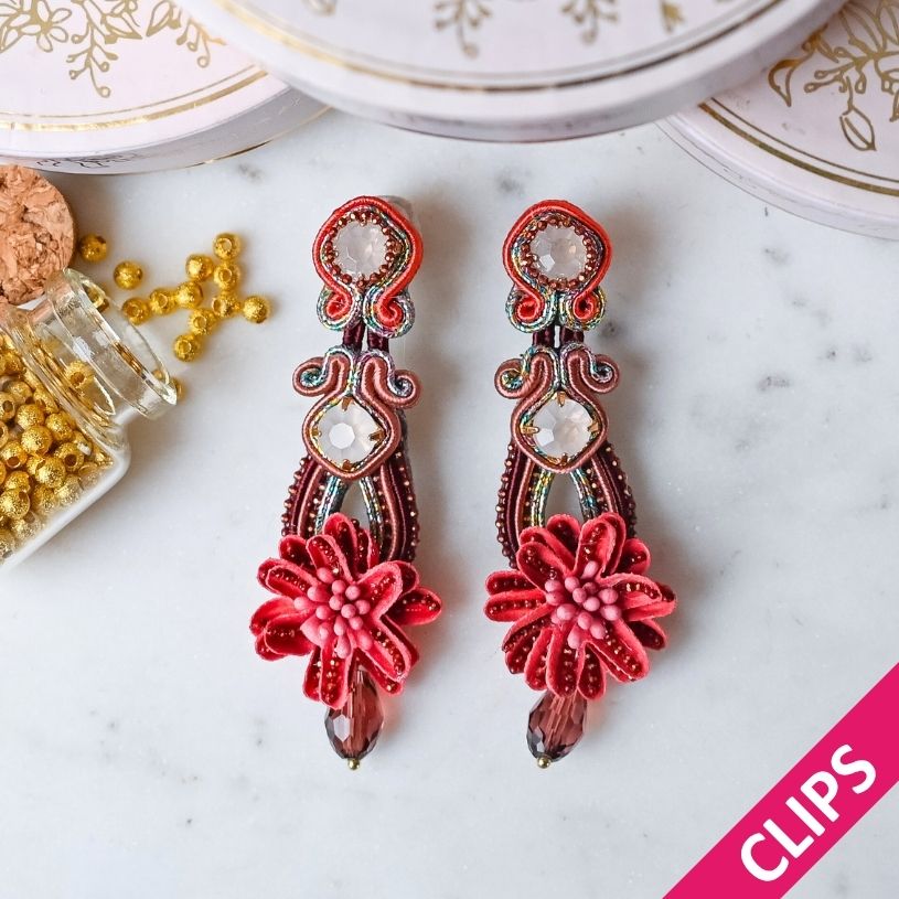 Vorbestellbar - Verspielte Soutache-Ohrclips in Rot und Brauntönen